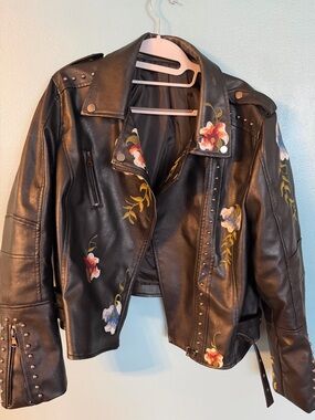 Women's Black Floral Embroidered Faux Leather Moto Jacket